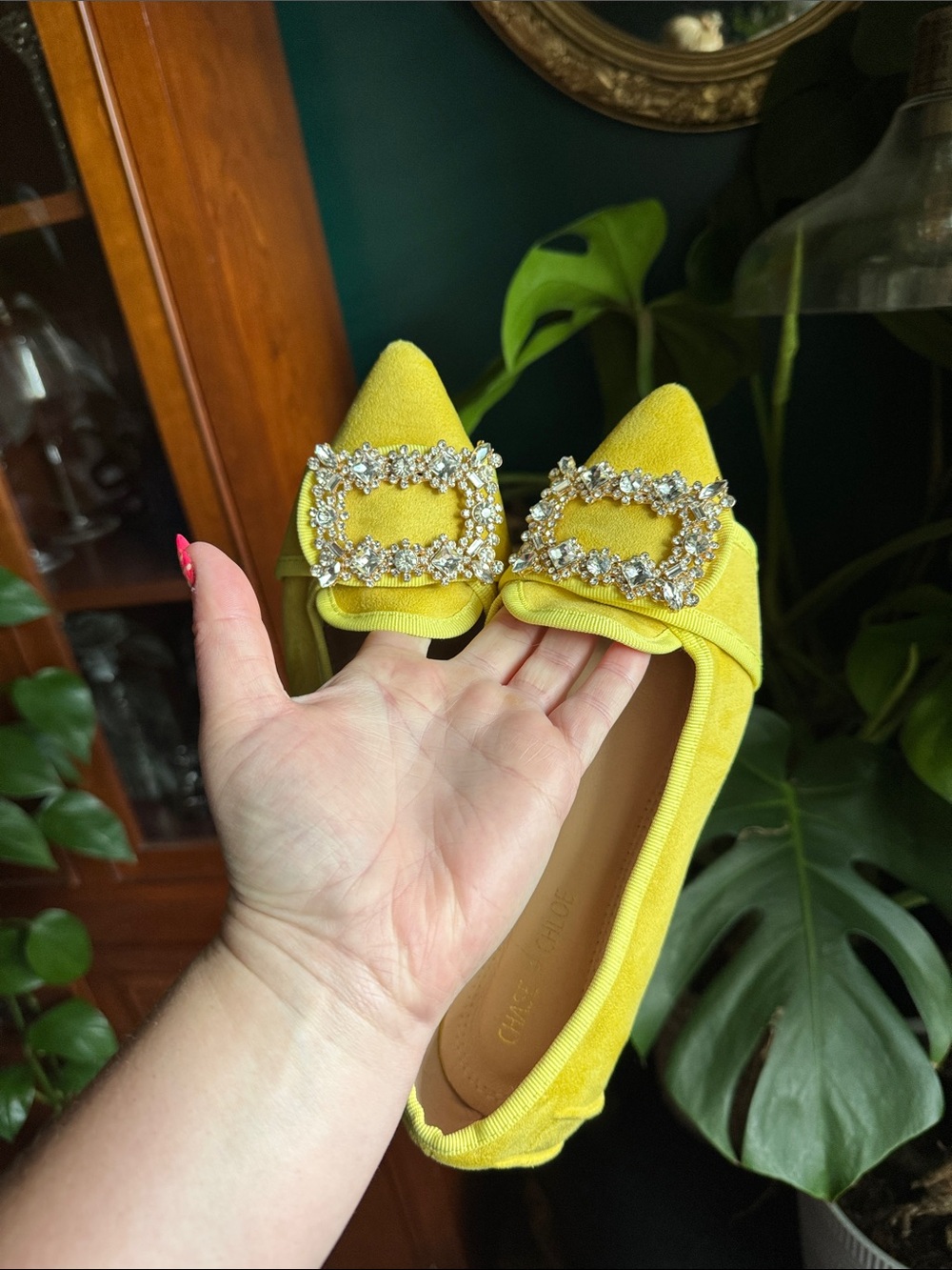 Chase + Chloe Yellow Crystal-Embellished Pointed Ballet Flats